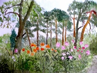 Gartenblumen zwischen Kiefern (1997)