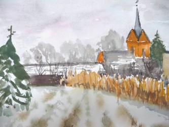 Blick zur Rangsdorfer Kirche im Winter (2006)