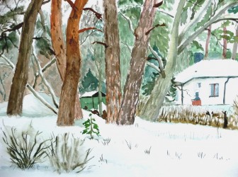 Blick vom Küchenfenster in den winterlichen Garten (2010)