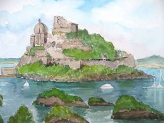 Blick von Cartaromana auf das Kastell Aragonese (Ischia) (2006)